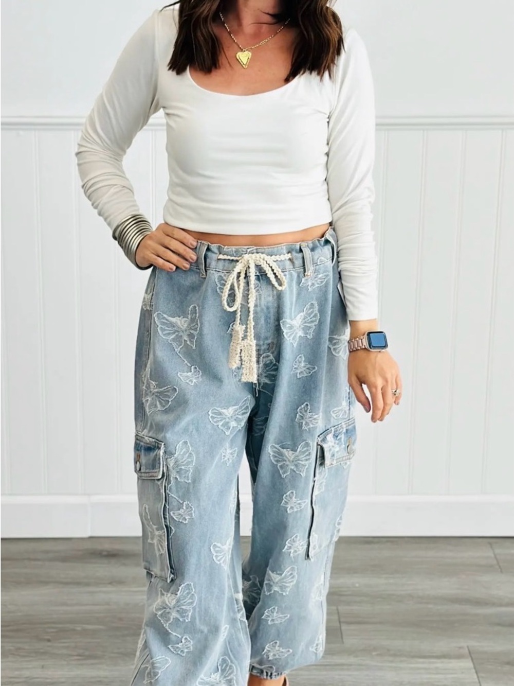 POL Light Blue Embroidered Butterfly Cargo Pants
